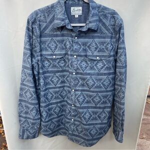 Lucky Brand Men’s Denim Aztec Southwest Tribal Design L Button Down Pearl Snap